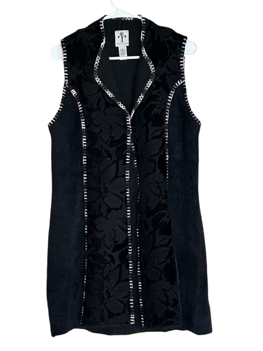 Rain+Rose Black Wool Blend Burnout Floral Open Vest